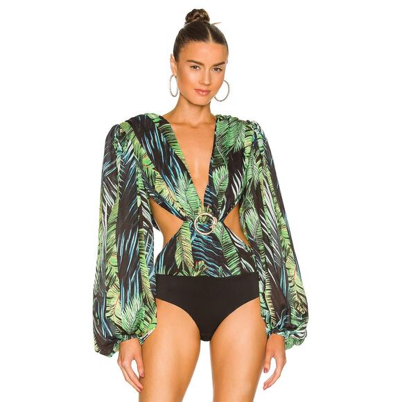 Bronx & Banco Jungle Tropical Silk Bodysuit Cut Out Long Puff Sleeve Green XS - Picture 1 of 12